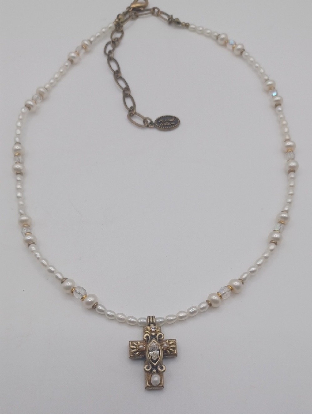 Michal Golan Pearl and Crystal Necklace with 24k EP Gold Cross Pendant
